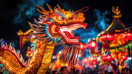 Fototapeta premium Colorful dragon lantern at vibrant festival, surrounded by glowing lanterns and festive atmosphere, showcasing cultural celebration and joy
