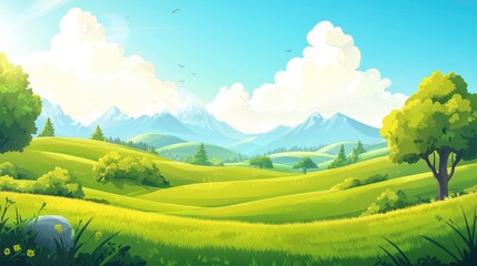 Fototapeta premium Green Hills and Mountains Under a Blue Sky with White Clouds