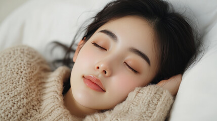 Chinese woman in wool sweater lying on her back on the bed, relaxed