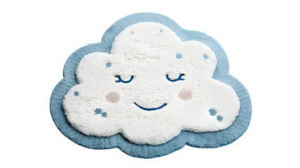 Cute cloud-shaped rug with a smiling face and a blue border, adding a playful and cheerful touch to children room decor and play areas. Isolated on white background.