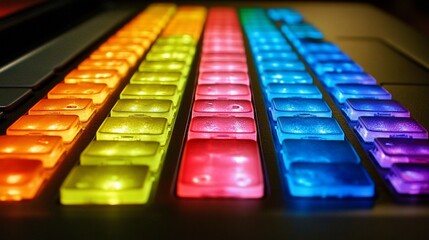 Obraz premium Rainbow illuminated keyboard keys close-up.
