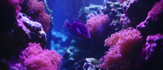 Obraz premium Purple fish swimming among vibrant pink coral reefs in an aquarium.