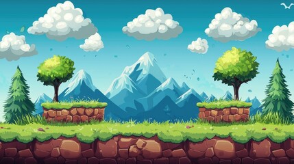 Cartoon Landscape with Mountains, Trees, and Grassy Cliffs