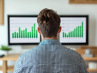 energy stock concept. Investor analyzing stock performance for sustainable electricity companies, with charts showing market trends in green power generation