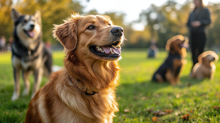 Fototapeta premium Golden retriever enjoying time with other dogs in park setting, showcasing socialization and playfulness. warm sunlight enhances joyful atmosphere