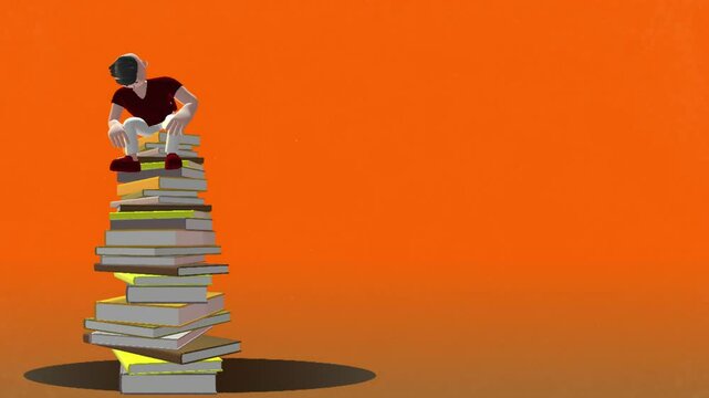 Student sitting on increasingly large piles of books on orange background
