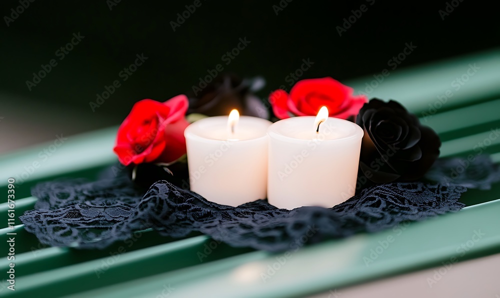 Wall mural Two white candles surrounded by black and red roses on lace.