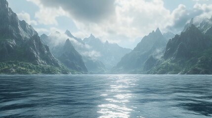 Serene mountain lake landscape with misty peaks and calm water.
