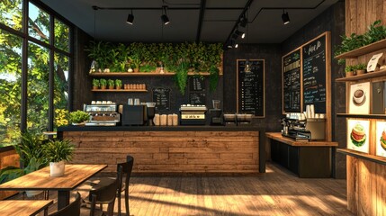 Relaxing coffee shop interior urban setting digital art contemporary bright greenery inviting atmosphere
