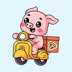 a pig is delivering pizza using a scooter