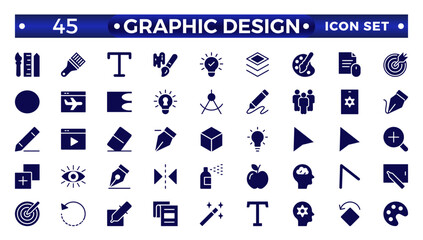 Set of solid icons of graphic design. Simple solid icons in a modern style flat, Creative Process. Graphic design, creative package, stationary, software.Minimal Graphic Design related icon set.
