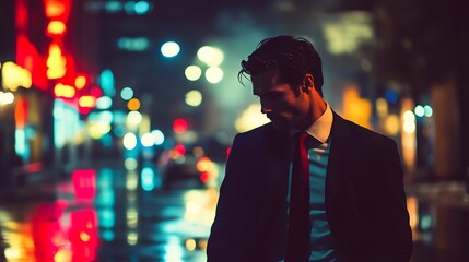 Moody and evocative scene, Reflective nighttime of man in suit with urban setting