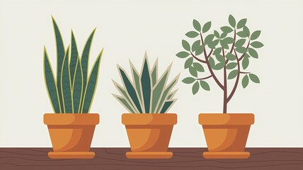 Obraz premium illustration of three terracotta pots with houseplants: a snake plant, a spiky plant with green and yellow stripes, and a potted tree with green leaves, placed on a wooden surface
