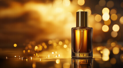Luxurious skincare serum bottle with golden reflections and bokeh background, exuding elegance and sophistication. Perfect for beauty and skincare enthusiasts