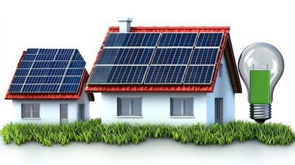 A modern house with solar panels and a light bulb symbolizes renewable energy and sustainable living.