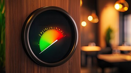 Power usage statistics concept. A stylish gauge displays a colorful indicator, showing varying levels, set against a warm, modern interior backdrop.