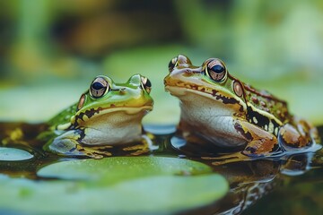 Two frogs sit side by side on lily pads in a tranquil pond, surrounded by lush greenery, reflecting nature's beauty.