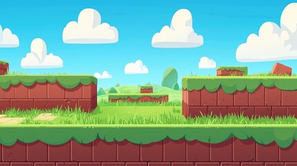 Cartoon Video Game Landscape with Brick Platforms and Grass