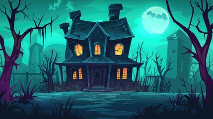 A spooky, dilapidated house with glowing windows, surrounded by bare trees and a full moon.