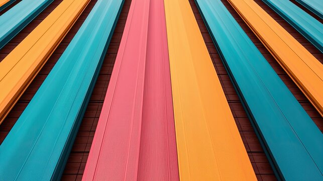 Colorful wooden planks arranged in parallel lines, showcasing vibrant shades of pink, orange, and teal against a textured surface.