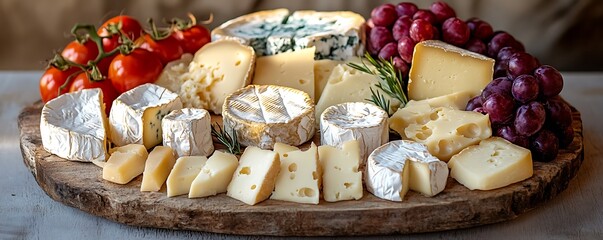 A rustic cheese board with assorted cheeses and textures.