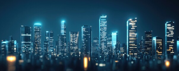 A futuristic city skyline illuminated at night, showcasing tall buildings and vibrant lights against a deep blue background.