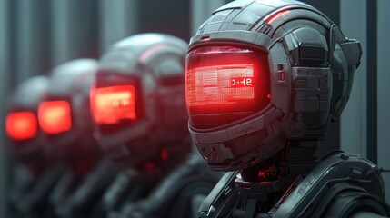 Futuristic robots with glowing red visors stand in formation, showcasing advanced technology and a sci-fi aesthetic.