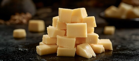 A stack of perfectly diced cheese cubes with sharp edges.