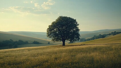 Fototapeta premium Solitary tree on a hilltop meadow at sunrise.