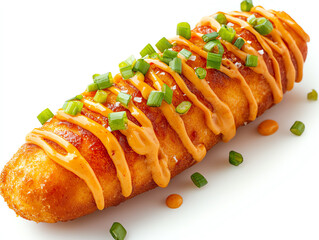 Delicious crispy corn dog topped with sauce and green onions, perfect for snacks or party events.
