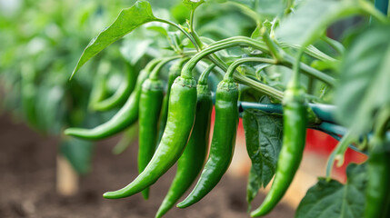 Organic green chili row in modern greenhouse automated system