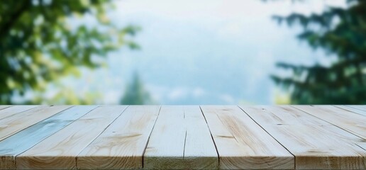 A wooden table with a blurred natural background.
