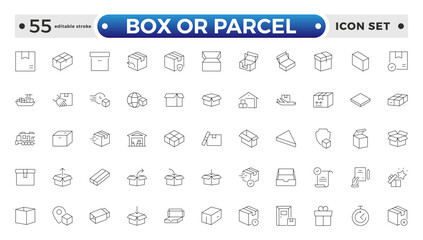 Box or Parcel outline icon vector set. Containing storehouse, stock, package storage, machine, process, cargo truck, courier, step and productivity, forklift, freight. Editable stroke outline icon. 
