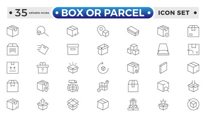 Box or Parcel outline icon vector set. Containing storehouse, stock, package storage, machine, process, cargo truck, courier, step and productivity, forklift, freight. Editable stroke outline icon. 
