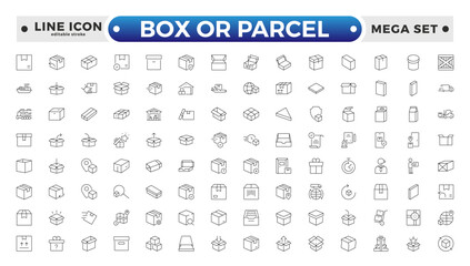 Box or Parcel outline icon vector set. Containing storehouse, stock, package storage, machine, process, cargo truck, courier, step and productivity, forklift, freight. Editable stroke outline icon. 
