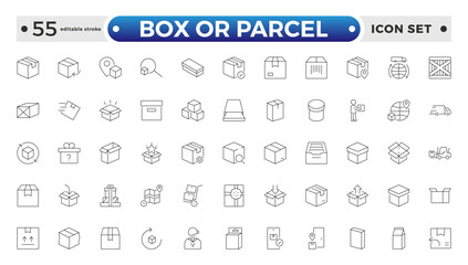 Box or Parcel outline icon vector set. Containing storehouse, stock, package storage, machine, process, cargo truck, courier, step and productivity, forklift, freight. Editable stroke outline icon. 
