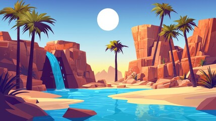 Obraz premium Oasis Landscape with Palm Trees, Waterfall, and Stream, 2d cartoon for game background and cartoon cover book
