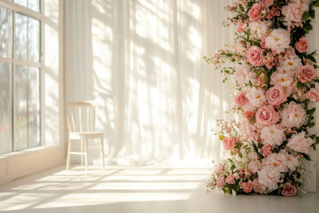beautiful indoor wedding backdrop featuring pink pastel flowers and white chair, creating romantic atmosphere with soft natural light