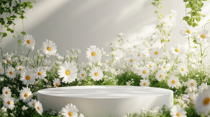 serene spring scene featuring white podium surrounded by vibrant daisies and lush greenery, perfect for showcasing products or floral arrangements