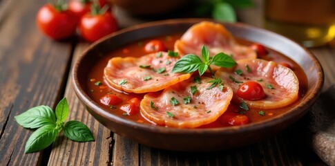 Thick salmorejo, Iberian ham slices, rustic wood , wooden, culinary, bread