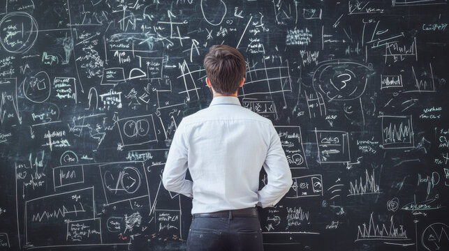 Man analyzing complex data on chalkboard filled with graphs, equations, and notes, showcasing problem solving and analytical skills