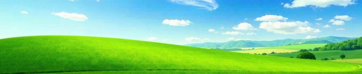 Fototapeta premium Serene landscape with vast green field under bright blue sky, blue sky, serenity