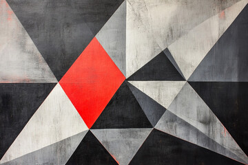 Fototapeta premium The image features a geometric abstract painting with a combination of black, white, and red colors