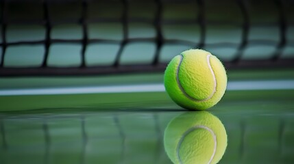 A bright green tennis ball rolling across a smooth, glossy green surface.