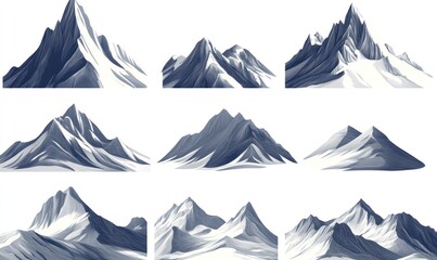 Twelve stylized mountain range illustrations.