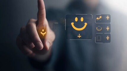 Customer service and Satisfaction concept ,Business people are touching the virtual screen on the happy Smiley face icon to give satisfaction in service. rating very impressed