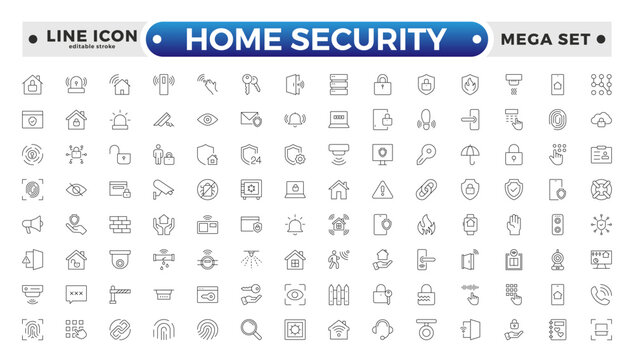 Set of Home Security web icons in line style. Guard, cyber security, password, smart home, safety, data protection, key, shield, lock, unlock, eye access. Security editable stroke outline icon. 