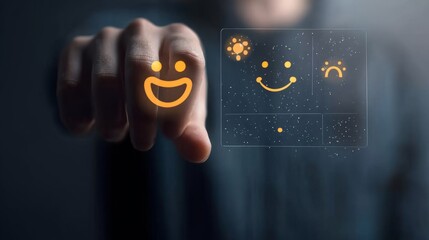 Customer service and Satisfaction concept ,Business people are touching the virtual screen on the happy Smiley face icon to give satisfaction in service. rating very impressed