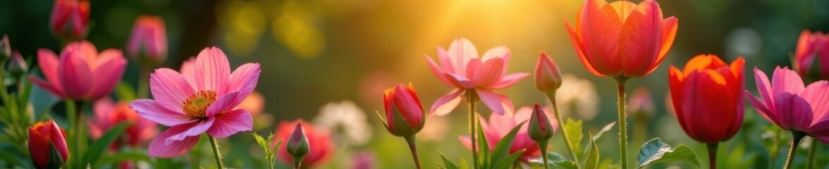 Fototapeta premium Vibrant floral arrangement, dawn's glow, English country garden setting, photo, tranquil