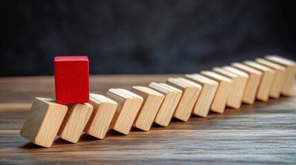 usinessman stops domino falling. Risk management concept. Successful strong business and problem solving. Reliable leader. Stop the destructive processes. Strategy development. Debt restructuring